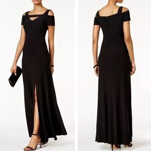 NWT Nightway Black Cold Shoulder Keyhole Gown Front Split Leg Baring Size 6